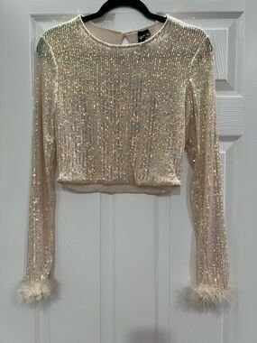 Windsor Ivory Sequin Cropped Long-Sleeve Top with Feather Cuffs